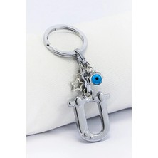 Biuti Gümüş Renkli Yıldızlı Nazar Boncuklu Metal Ü Harfi Anahtarlık / Harfli Çanta Süsü