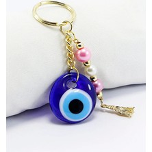 Biuti El Yapımı Cam Nazar Boncuklu Anahtarlık, Pembe Beyaz Incili Boncuklu Püsküllü Hediyelik Aksesuar