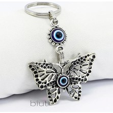 Biuti Kelebek ve Nazar Boncuklu Metal Anahtarlık, Hediyelik Küçük Çanta Süsü