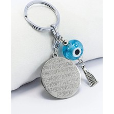 Biuti Paslanmaz Çelik Plaka Çift Taraflı Ayetel Kürsi Felak Nas Ihlas Anahtarlık Turkuaz Nazar Boncuğu