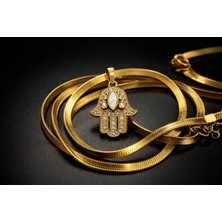 Buğz Çelik Hamsa Fatma Eli Kolye Model 9 – Taşlı Altın Renk Italyan Zincir Kadın Kolye