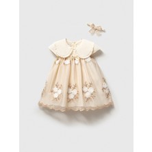 NoyNoy Baby Dila Kız Bebek Çiçek Nakışlı %100 Pamuk Tül Elbise Ekru- Özel Gün, Doğum Günü Elbisesi