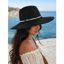 Aydın Şapkacınız Kadın Hasır Şapka Boncuk Detaylı Geniş Kenarlı Yazlık Plaj Şapkası