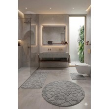 Çelebihome Gri Pamuk Banyo Paspası Makinede Yıkanabilir Kaymaz Taban Su Emici 3'lü Takım Banyo Paspası