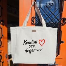 Bumudur Aksesuar Kendini Sev Değer Ver Baskılı Naturel Kanvas Bez Çanta Sap Beyaz Cırt Cırtlı Suluk Tutuculu - Büyük