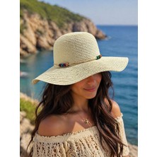 Aydın Şapkacınız Kadın Hasır Şapka Boncuk Detaylı Geniş Kenarlı Yazlık Plaj Şapkası