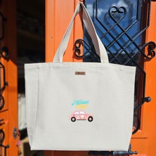 Bumudur Aksesuar Çiçekli Araba ve Rüzgar Gülü Baskılı Naturel Kanvas Bez Çanta Sap Beyaz Cırt Cırtlı Suluk Tutuculu - Küçük