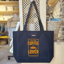 Bumudur Aksesuar Gülümseyen Kahve Fincanı Tasarımlı Siyah Kanvas Çanta - Büyük