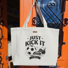 Bumudur Aksesuar Siyah Futbol Topu ve Ayakkabı Stili Modern Just Kıck It Baskılı Naturel Kanvas Bez Çanta Sap Beyaz Cırt Cırtlı Suluk Tutuculu - Büyük