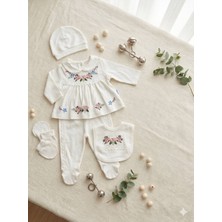 Aydede Kids Kız Bebek Nakışlı 5’li Hastane Çıkışı Seti %100 Pamuk (Şapka, Üst, Alt, Eldiven, Önlük)