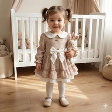 Wondress Kız Bebek Bej Çiçek Desenli Fiyonklu Elbise