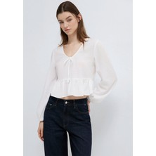 Mavi Etek Detaylı Bağcıklı Ekru Bluz 1211473-70057