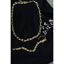 Hatıra Kutusu Gold Renk Kadın Kalın Zincir Takı Seti Kolye ve Bileklik 2li