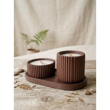 Kahverengi Taş Tozu Ikili Mum Seti - Ahşap Fitili Soya Mum