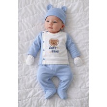 Aydede Kids Only Bear Nakışlı Erkek Bebek 5’li Hastane Çıkışı Seti %100 Pamuk (Şapka, Eldiven, Önlük Dahil)