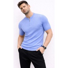 Lushiowear Erkek Kısa Kol Fitilli Triko T-Shirt Yazlık Hakim Yaka Tişört - Bebek Mavisi