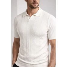 Lushiowear Erkek Yazlık Triko Dokuma Tişört Kısa Kol Polo Yaka T-Shirt - Beyaz