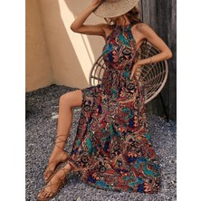Arben Boutique Kadın Kolsuz Halter Yaka Beli Lastikliotantik Desenli Mikro Kumaş Elbise