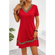 Runique Home Runiquehome Kadın Kısa Kollu V Yakalı Etnik Desen Şerit Detaylı Viskon Elbise