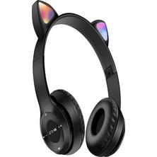 Bukrem Store Mmpshop P47M Sevimli Kedi Bluetooth Kablosuz Mikrofonlu Rgb Kulak Üstü Kulaklık Siyah