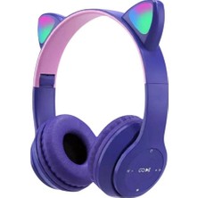 Bukrem Store Peeq P47M Katlanabilir Kedi Kulak Kablosuz Bluetooth Kulak Üstü Kulaklık Mor