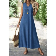 Hynova Kadın Askılı V Yakalı Uzun Elbise