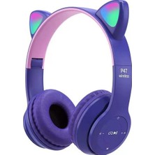 Bukrem Store P47M LED Işık Sevimli Kedi Kablosuz Mikrofonlu Kulak Üstü Kulaklık Mor