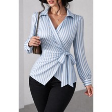 Nnstartshopping  Kadın Çizgili Kruvaze Bağlamalı Gömlek
