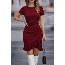 Sidelya Concept Kadın Kısa Kollu Bisiklet Yaka Önden Volanlı Ithal Krep Elbise