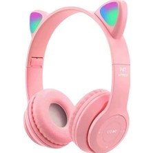 Bukrem Store Peeq P47M Katlanabilir Kedi Kulak Kablosuz Bluetooth Kulak Üstü Kulaklık Pembe