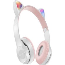 Bukrem Store Mmpshop P47M Sevimli Kedi Bluetooth Kablosuz Mikrofonlu Rgb Kulak Üstü Kulaklık Gümüş