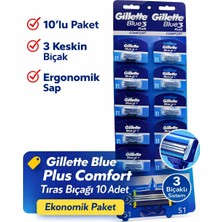 Cansa Jilet Blue 3 Plus Comfort Tıraş Bıçağı 10 Adet – 3 Bıçaklı Ergonomik Saplı Erkek Tıraş Bıçağı Seti