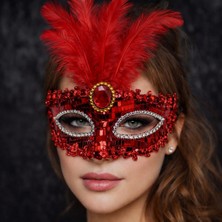Cansa Lüks Kırmızı Tüylü Taşlı Balo Maskesi