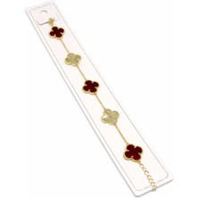 Stainles Steel Yonca Model Bordo Yonca Detaylı Çelik Bileklik – Altın Renk Paslanmaz Kadın Bileklik