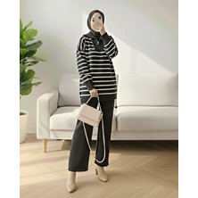 Modamorfo Balıkçı Yaka Fermuarlı Çizgili Triko Takım -Antrasit