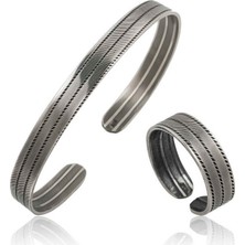 Pazarcan Gümüş Çizgi Desenli Bileklik Yüzük Set