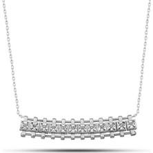 Pazarcan Gümüş Zirkon Taşlı Kare Bar Kadın Kolye