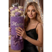 Sole Kişiye Özel Yazılı Lila Peluş Vazo Kalp Balonlu 9'lu Ayıcık Buketi | Sevgiliye, Eşe, Kıza Hediye