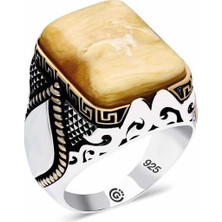 Pazarcan ​gümüş Kehribar Taşlı Köşeli Erkek Yüzük