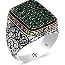 Pazarcan Gümüş Yeşil Zirkon Taşlı Kare Erkek Yüzük