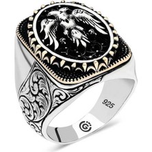 Pazarcan Gümüş Çift Başlı Kartal Oval Erkek Yüzük