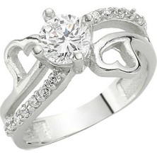 Pazarcan Gümüş Kalpli Tek Taş Bayan Yüzük