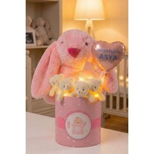 Sole Kişiye Özel Balonlu Peluş Tavşanlı LED Işıklı 5'li Ayıcık Buketi | Baby Shower Kız Bebek Hediyesi
