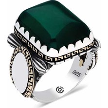 Pazarcan Gümüş Zirkon Yeşil Taşlı Kare Erkek Yüzük