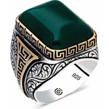 Pazarcan ​gümüş Yeşil Akik Taşlı Köşeli Erkek Yüzük