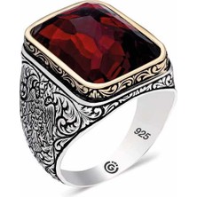 Pazarcan Gümüş Zirkon Kırmıızı Taşlı Kare Erkek Yüzük