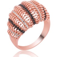 Pazarcan Gümüş Siyah Beyaz Taşlı Bayan Yüzük