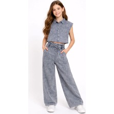 Miniğimin Cicileri 10-16 Yaş Keten Gömlekli Yıkamalı Kız Çocuk Takım - Gri