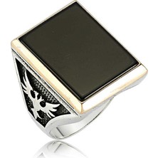 Pazarcan Gümüş Siyah Taşlı Çift Başlı Kartal Erkek Yüzük