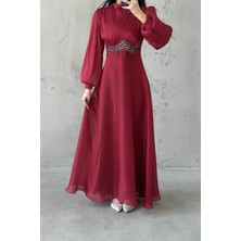 Tesettür Diyarı Mosera Janjan Kumaş Beli Taşlı Tesettür Abiye- Bordo